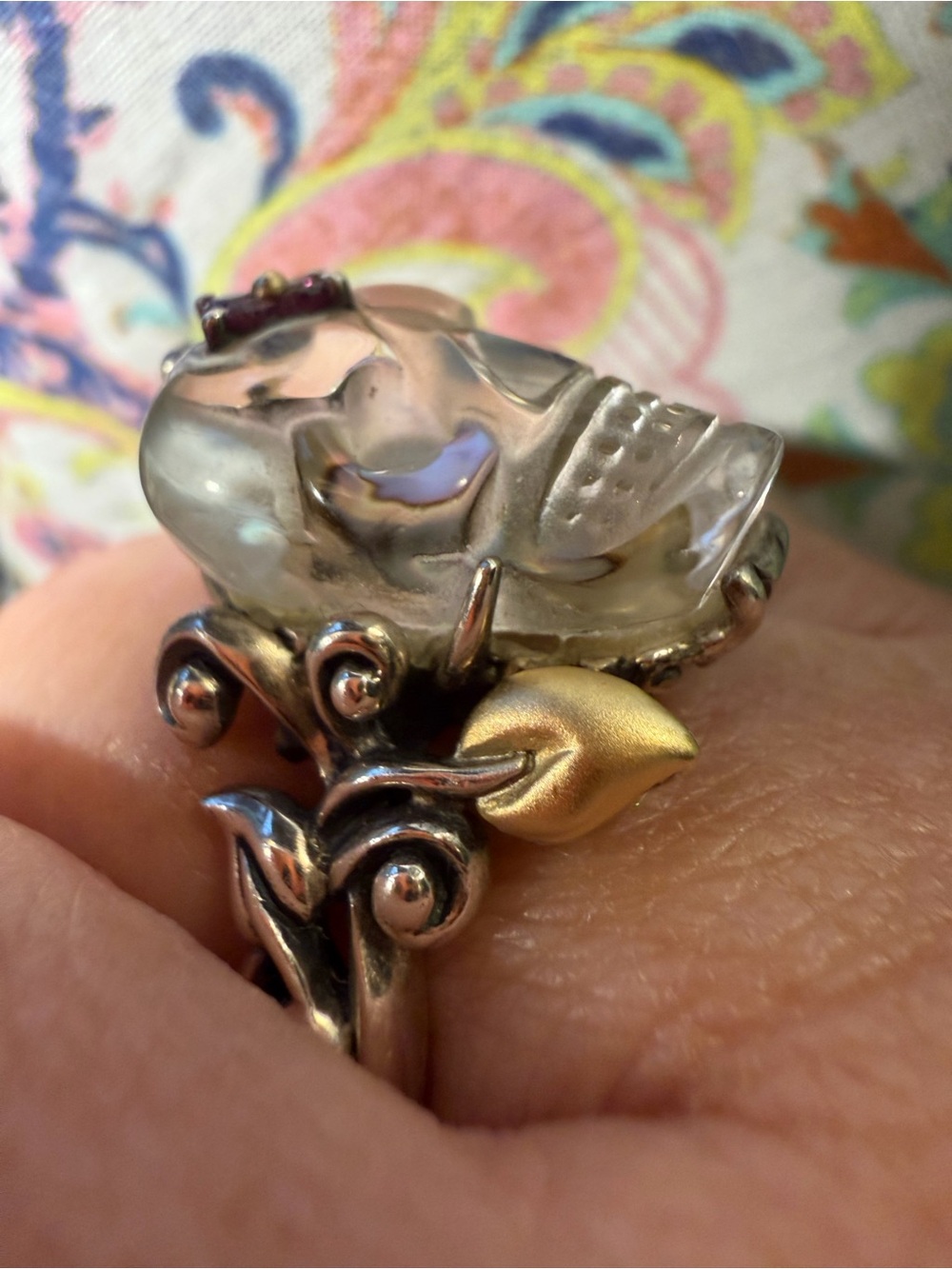 Barbara Bixby Carved Crystal Skull Ring, Sterling with 18K Gold Leaf Accents